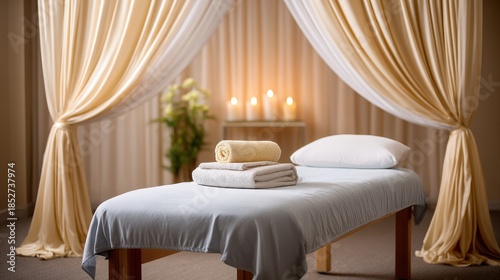 A serene massage room featuring a treatment table, towels, and soft lighting, creating a peaceful environment for relaxation.