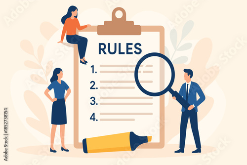 People reviewing rules on clipboard, magnifying glass inspecting list, team analyzing guidelines and highlights, flat vector illustration