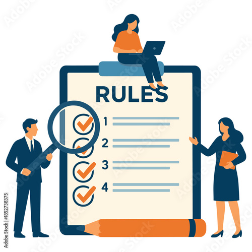 Team reviewing rules on checklist, magnifying glass inspecting completed items, woman working on laptop above clipboard, flat vector illustration