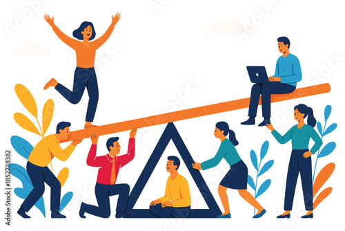 Team balancing on seesaw, people cooperating and supporting each other in teamwork activity, business collaboration and balance concept, flat vector illustration