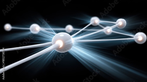 A dynamic illustration of interconnected particles with glowing nodes and light trails, symbolizing advanced technology and scientific concepts.
