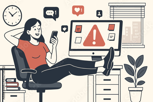 Woman relaxing at desk, checking phone, alert symbol on computer screen, flat vector illustration