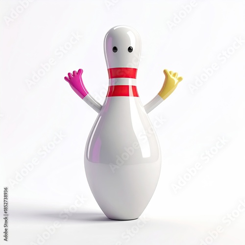 Cartoonish bowling pin with arms raised in a cheerful pose