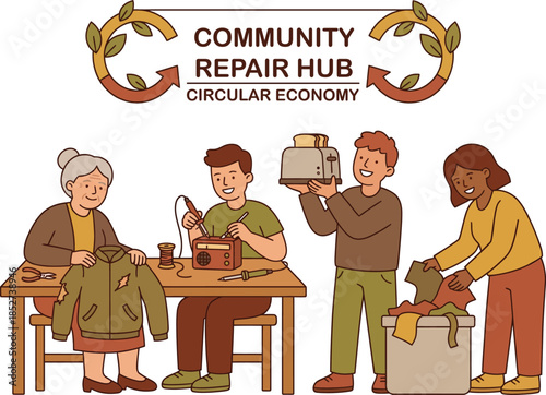 Community Repair Hub - Sustainable Circular Economy Vector Illustration
