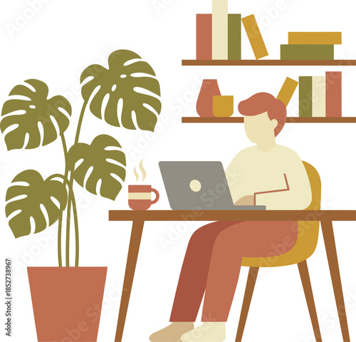 Cozy Home Office Workspace with Plants - Person Working at Desk Vector