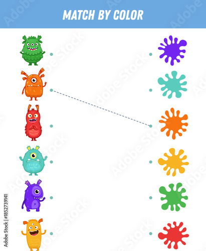Match colorful monsters by colors. Educational logical game for kids. Worksheet. Space creature. Vector