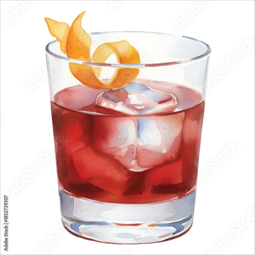 Classic Negroni Watercolor Cocktail Vector Isolated on White Background
