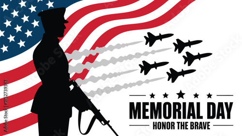  Memorial Day patriotic illustration with soldier silhouette holding rifle, flying jets and waving American flag, honoring the brave, military sacrifice, remembrance and national pride