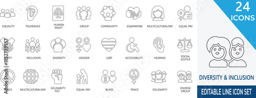 A modern stroke icon set representing diversity, partnership,  leadership, equality, and teamwork concepts. Perfect for apps, websites,   and stock platforms needing inclusive and social visuals.