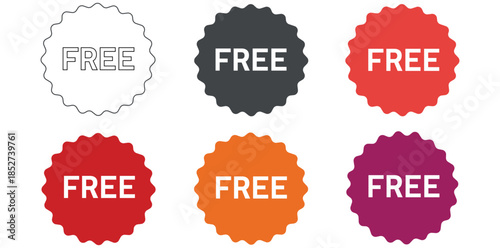 Free Labels An array of colorful labels bearing the word FREE, each offering a unique visual appeal. Perfect for conveying a message of complimentary value.