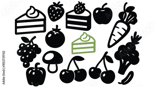 Food icons set with fruits, vegetables, and desserts in black and white