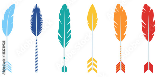 Feathered Arrows A vibrant arrangement of colorful feathers, transformed into arrows, arranged with an artistic flair. Representing freedom, guidance, and indigenous heritage.
