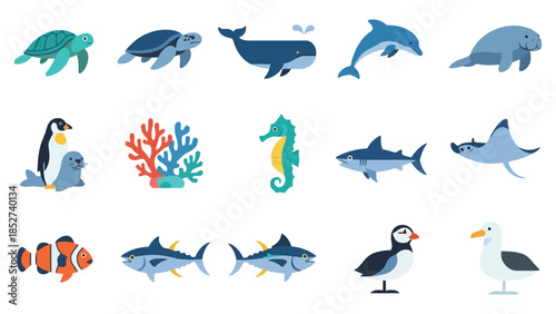 Marine life icons featuring various ocean animals and sea creatures in colorful illustrations