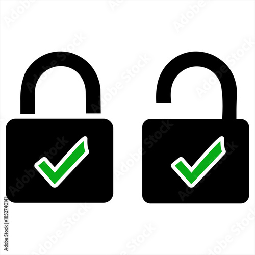 Security Assurance A pair of stylized lock icons, one open and one closed, each marked with a checkmark. conveying the message of security, safety and guarantee.