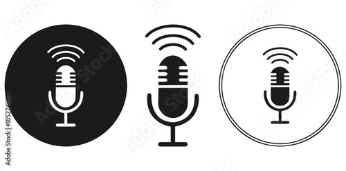 Podcast Microphone in Circles A minimalist design featuring three circular icons, each showcasing a classic microphone with radio wave emanation, set against both dark and light backgrounds. 
