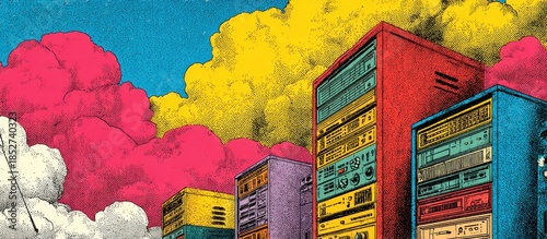 Stylized, colorful towers with detailed panels under vibrant cloudscape