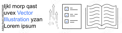 Productivity, education, organization, data analysis, learning, task management. a checklist, growth arrows and an open book. Productivity and education concept