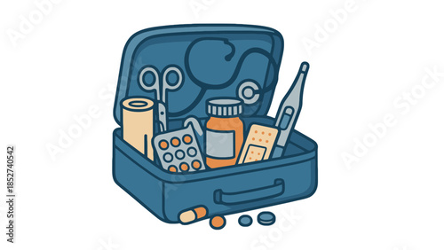 First aid kit with medical supplies and equipment for emergency care and treatment