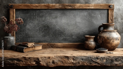 Rustic still life chalkboard, shelf, pottery, books, and dried florals