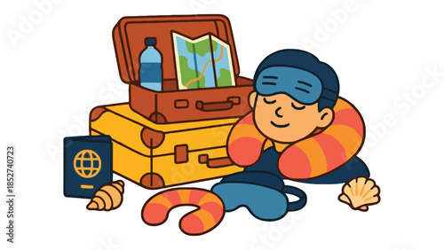 Cartoon traveler resting with luggage, passport, and travel accessories on the ground