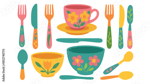 Colorful kitchen utensils and dishes for kids or illustration