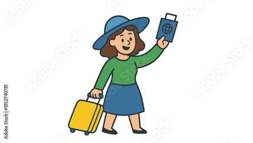 Cartoon woman with suitcase and passport traveling abroad on vacation