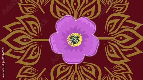 draw set of several purple flower enclose by golden frame in square shape on maroon screen background

