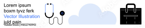 Healthcare technology, medical business, cloud storage, remote work, digital trends, office tools. Stethoscope, cloud and briefcase icons. Healthcare technology and medical business concept