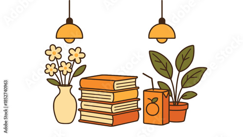 Cozy reading nook with books, flowers, and plants in warm orange tones illustration