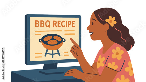 Woman looking at BBQ recipe on computer screen with a happy expression