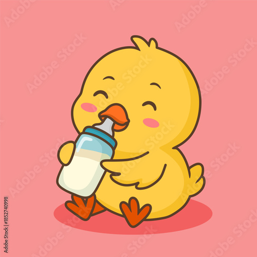 cartoon illustration of a chick drinking milk