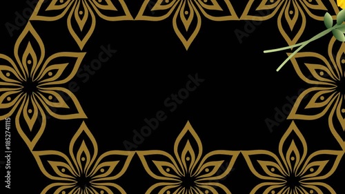 draw set of several yellow purple flower decorate with green leaf enclose by golden frame in rectangle shape on black screen background
