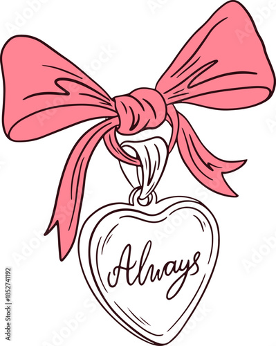 Hand drawn locket with ribbon and bow. Coquette vintage love locket. Minimalist line art. Whimsical girly medallion for greeting cards, wedding and invitations. Elegant vector valentines day print