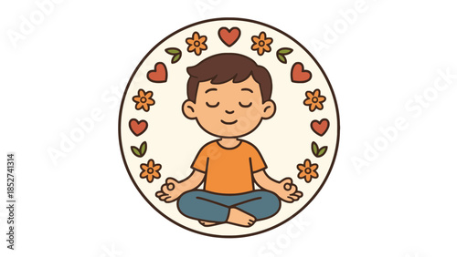 Cartoon boy meditating in lotus position with hearts and flowers around him peacefully