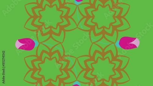 draw set of five pink flower decorate with various bud enclose by golden frame in square shape on green screen background
