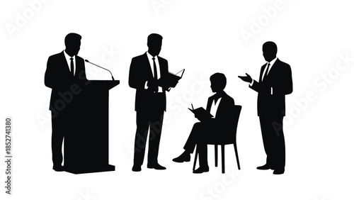 Businessmen in suits discussing and presenting in a meeting or conference setting