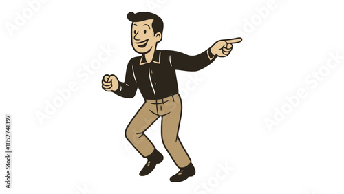 Happy cartoon couple dancing and pointing together in retro style