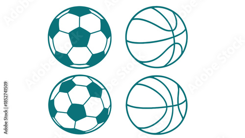 Teal soccer and basketball icons on white background, sports symbols