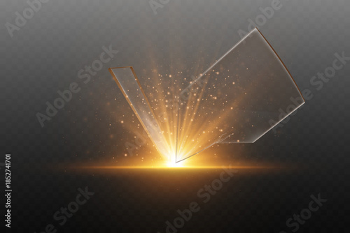 Abstract golden explosion with transparent glass fragments.