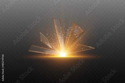 Abstract golden explosion with transparent glass fragments.
