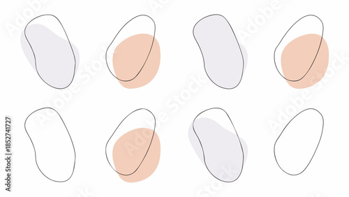 Abstract arrangement of overlapping organic shapes in pastel colors and line art