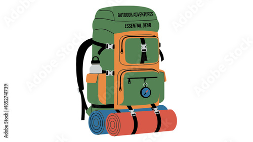Hiking backpack with sleeping mats and outdoor gear for adventure travel and exploration