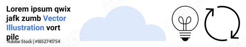 Creative thinking, environmental sustainability, energy innovation, brainstorming, technology, cloud storage. A cloud beside a lightbulb and circular arrows. Creative thinking and environmental