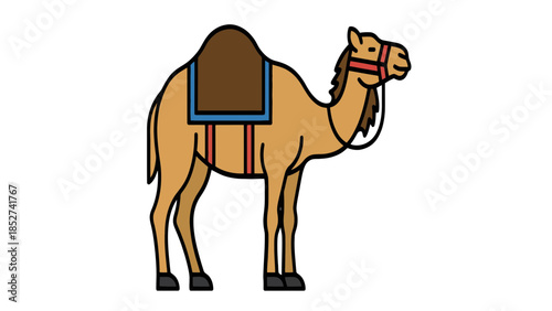Cartoon camel with saddle and harness standing alone on white background
