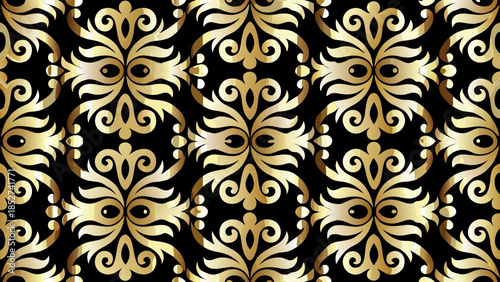 Elegant golden baroque pattern on a black background seamless floral design