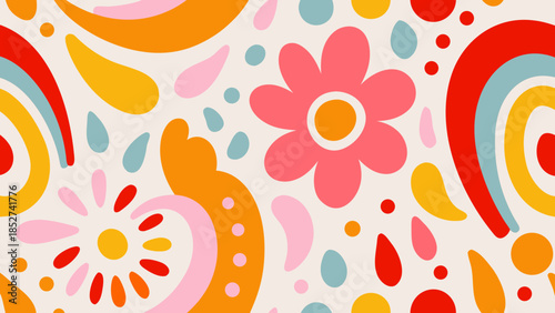 Abstract floral pattern with colorful shapes and a retro seventies vibe
