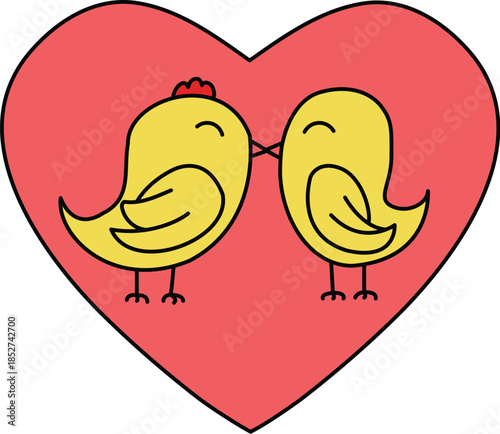 Two Yellow Lovebirds Kissing on a Red Heart Vector Illustration, Romantic Valentines Day Concept Isolated on White