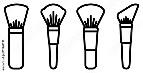 Stylish collection of four cosmetic brush line icons. These minimalist vectors are ideal for beauty logos, makeup tutorials, and skincare web design. Simple, professional, and highquality.