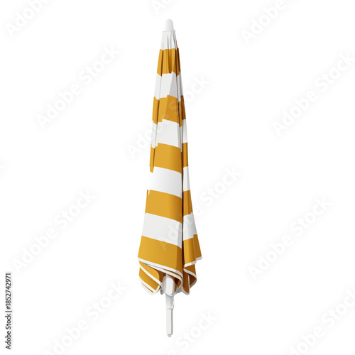 Striped yellow and white beach umbrella standing upright  