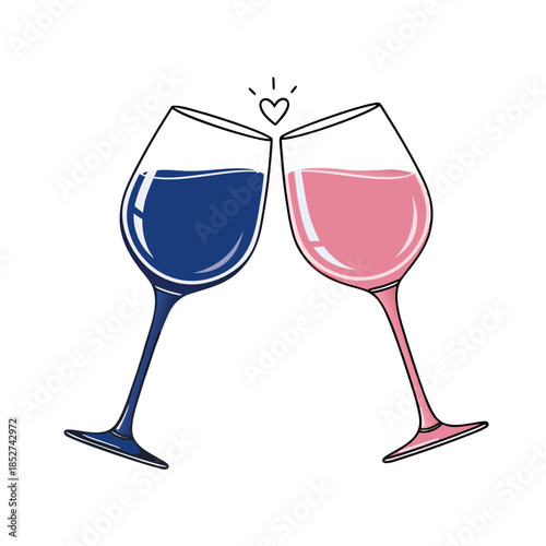 Two wine glasses clinking with pink and blue drinks in celebration  